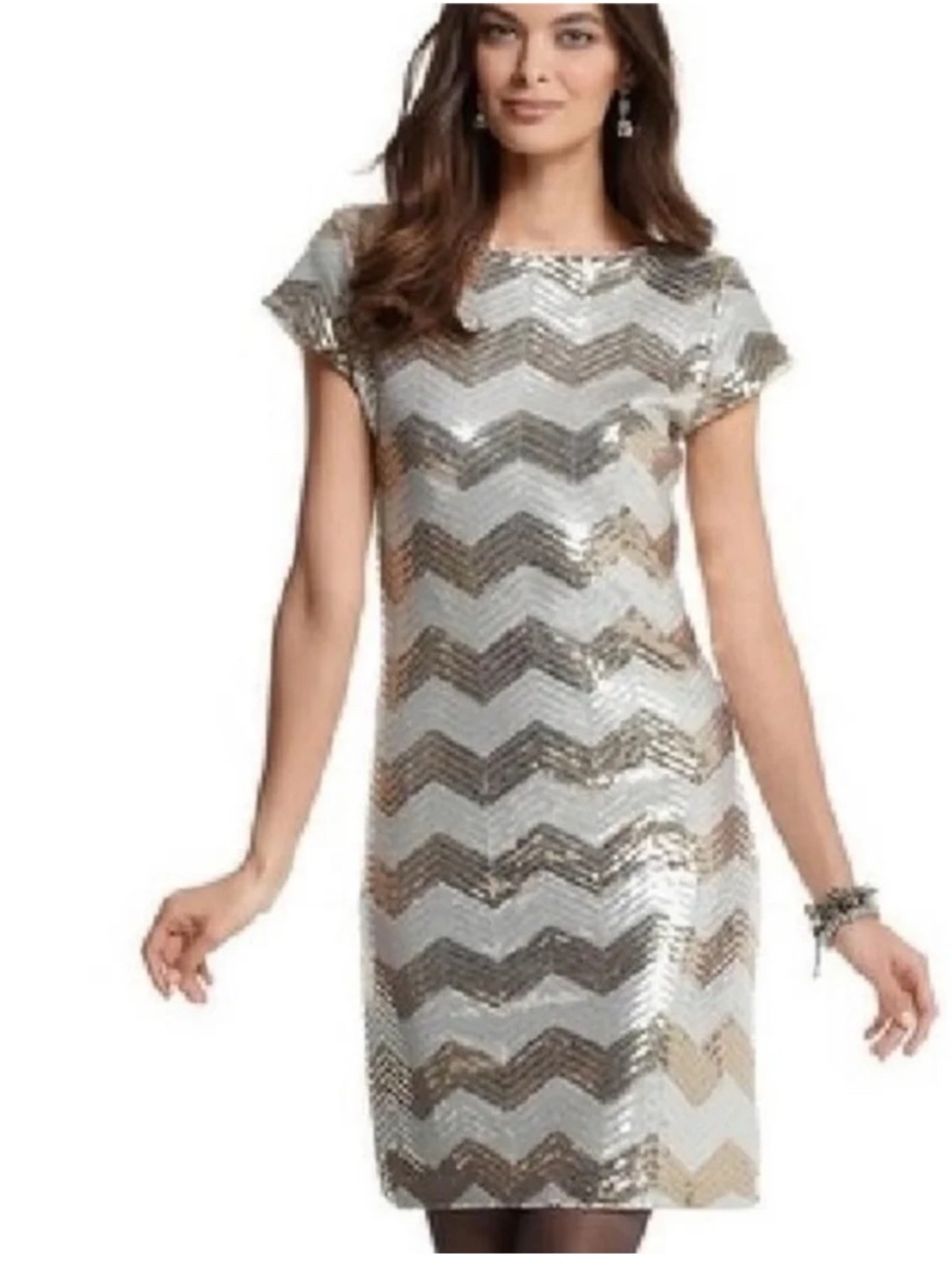 White House Black Market Gold and Cream Sequin Chevron Dress